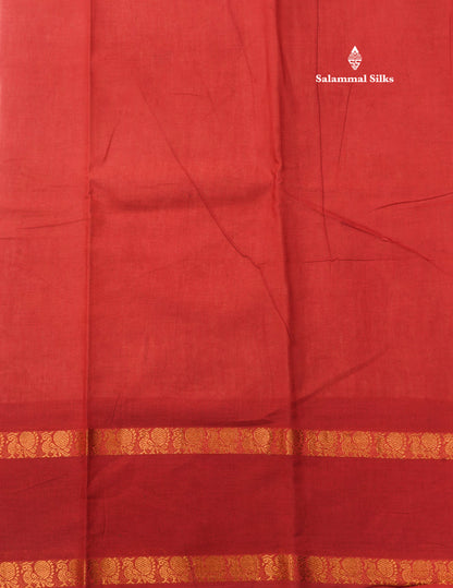 Reddish Pink Pure Sungudi Cotton Saree With Contrast Sapphire Green Gap Border