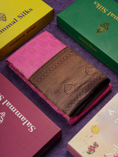 Beautiful Pink Bridal Pure Kanjivaram Silk Saree With Contrast Black Traditional Border