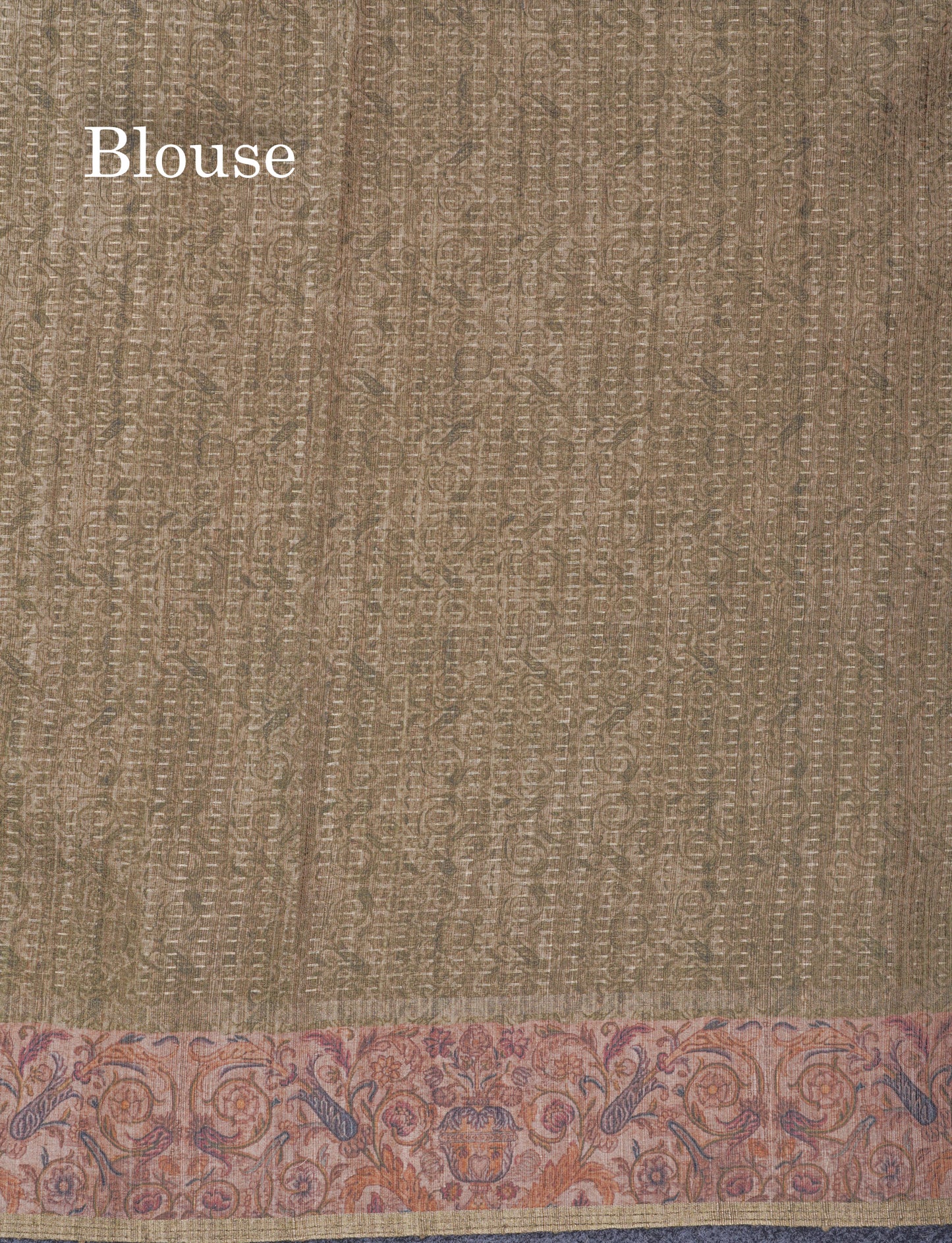 Olive Green Semi Tussar Fancy Saree With Contrast Sandal Floral Print Border