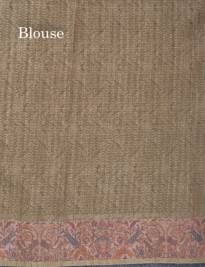 Olive Green Semi Tussar Fancy Saree With Contrast Sandal Floral Print Border