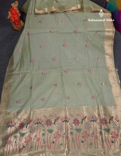 Beautiful Elaichi Green Menakari Work Muga Cotton Saree With Fancy Border