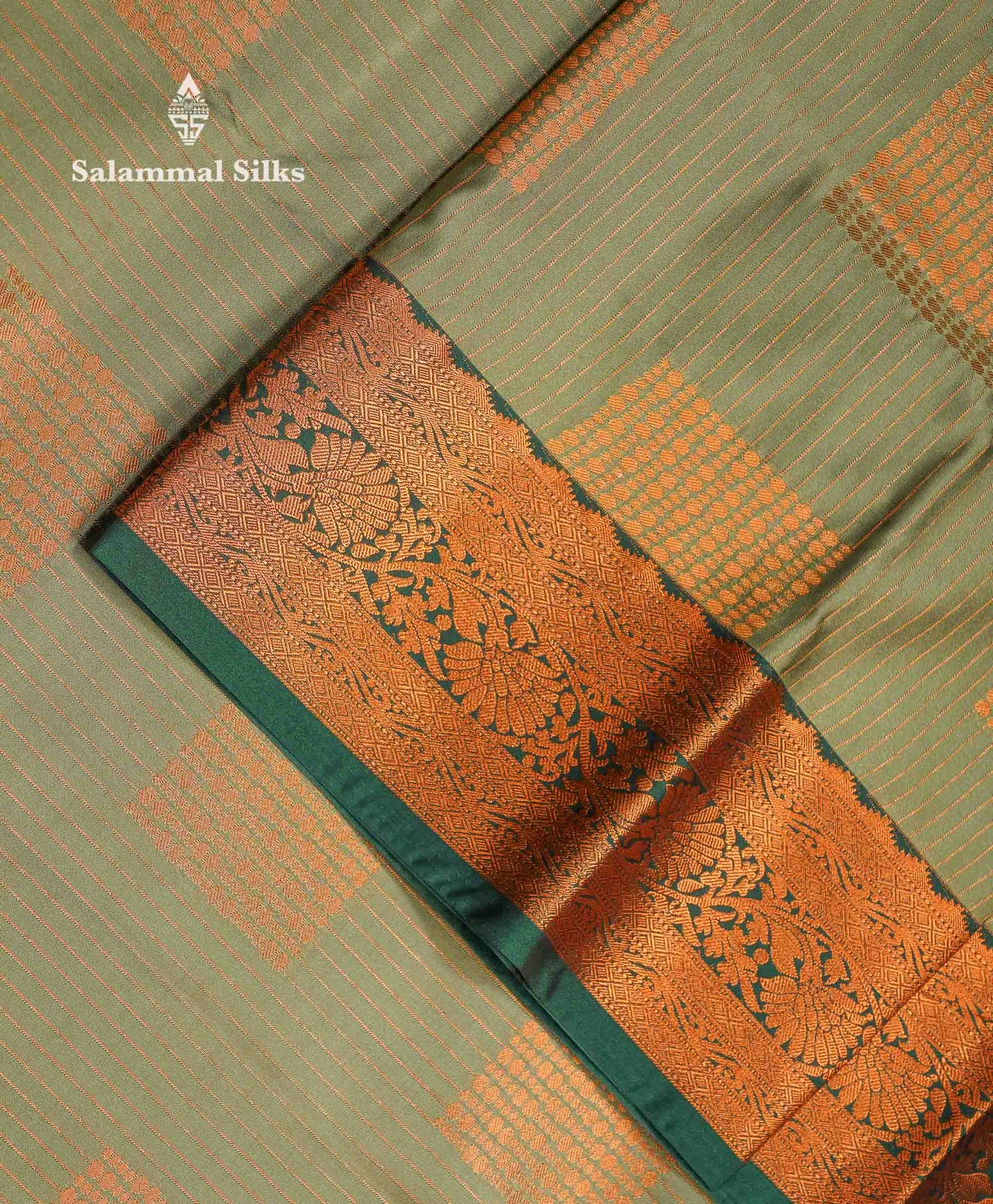 Beautiful Light Olive Green Zari Lines Semi Silk Saree With Contrast Bottle Green Traditional Border