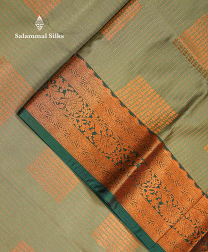 Beautiful Light Olive Green Zari Lines Semi Silk Saree With Contrast Bottle Green Traditional Border