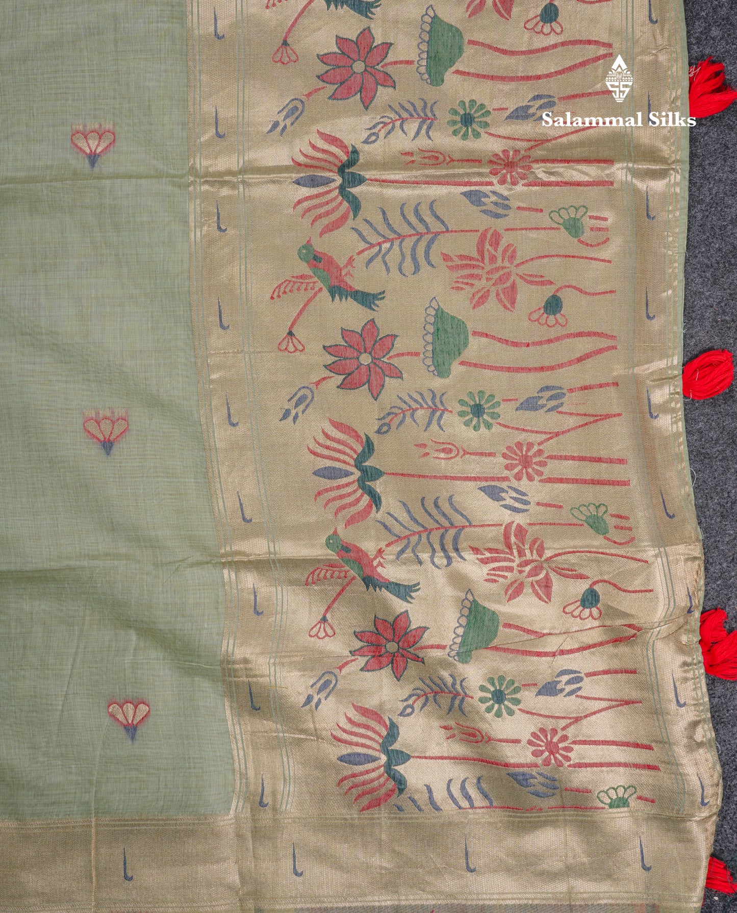 Beautiful Elaichi Green Menakari Work Muga Cotton Saree With Fancy Border