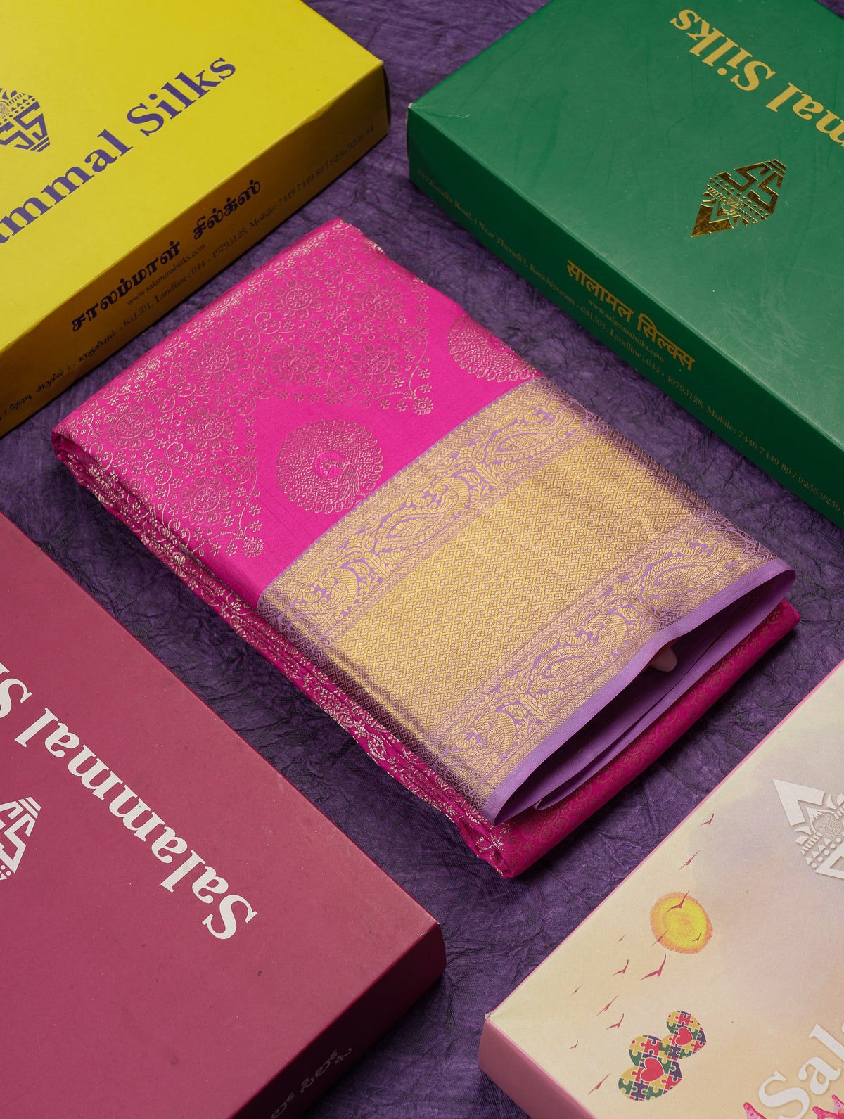Beautiful Pink Bridal Pure Kanjivaram Silk Saree With Contrast Lavender Traditional Border