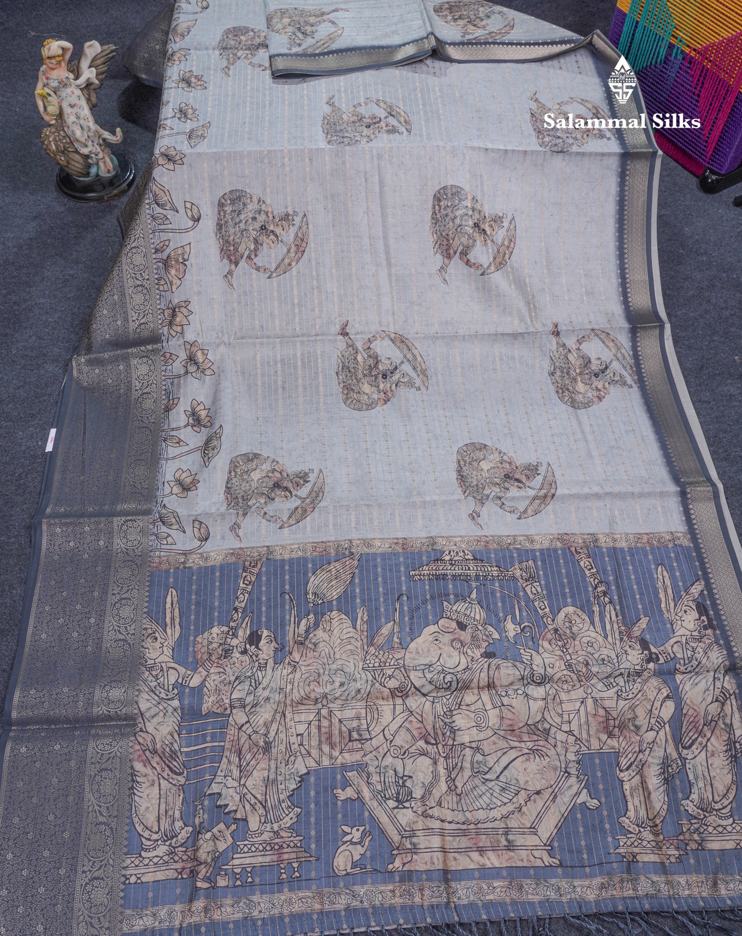 Light Grey Floral Kalamkari Printed Design Semi Tussar Saree With Contrast Elephant Grey Border