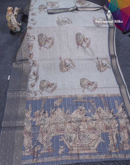 Light Grey Floral Kalamkari Printed Design Semi Tussar Saree With Contrast Elephant Grey Border