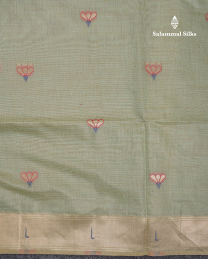 Beautiful Elaichi Green Menakari Work Muga Cotton Saree With Fancy Border