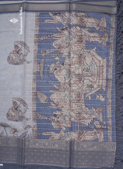 Light Grey Floral Kalamkari Printed Design Semi Tussar Saree With Contrast Elephant Grey Border