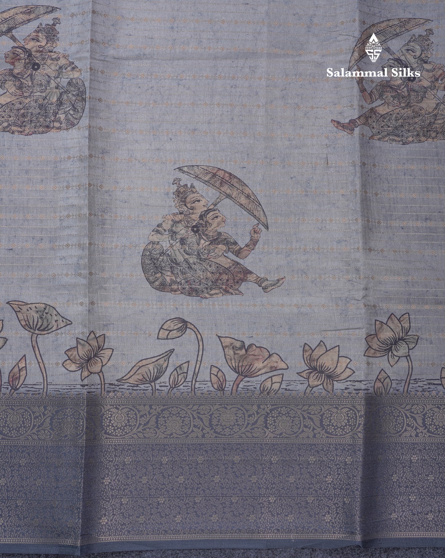 Light Grey Floral Kalamkari Printed Design Semi Tussar Saree With Contrast Elephant Grey Border