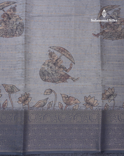 Light Grey Floral Kalamkari Printed Design Semi Tussar Saree With Contrast Elephant Grey Border