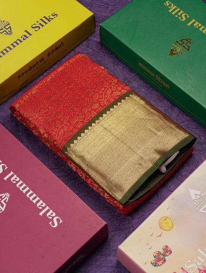 Beautiful Redish Maroon Bridal Pure Kanjivaram Silk Saree With Contrast Dual Tone Bottle Green Traditional Border