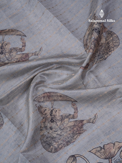 Light Grey Floral Kalamkari Printed Design Semi Tussar Saree With Contrast Elephant Grey Border