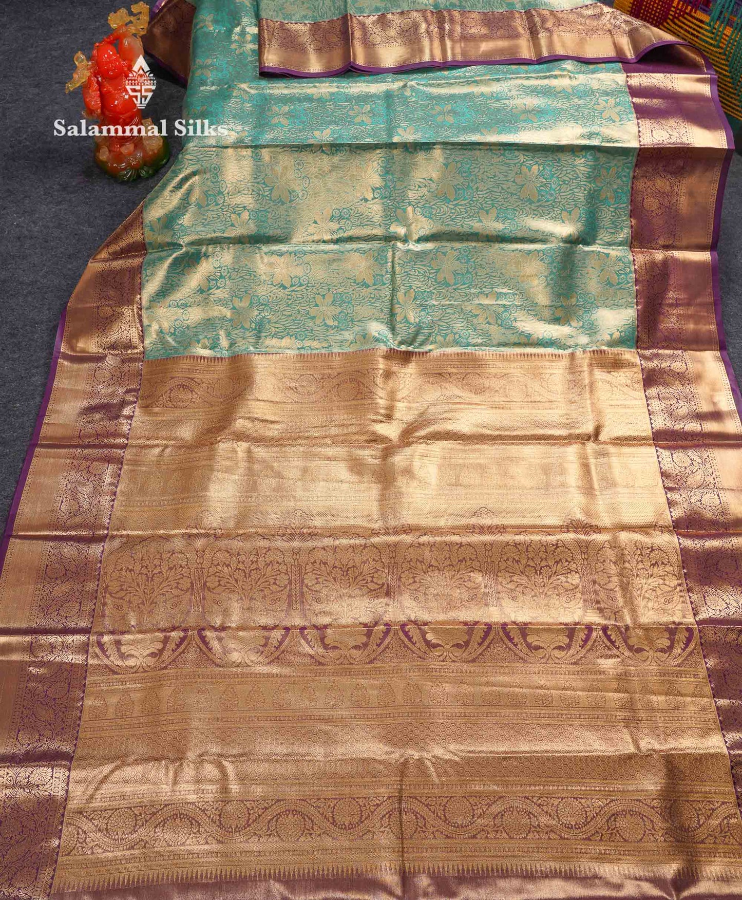 Beautiful Sea Green Tissue Bridal Semi Silk Saree With Contrast Dark Violet Traditional Border
