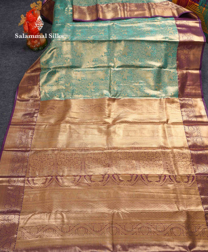 Beautiful Sea Green Tissue Bridal Semi Silk Saree With Contrast Dark Violet Traditional Border