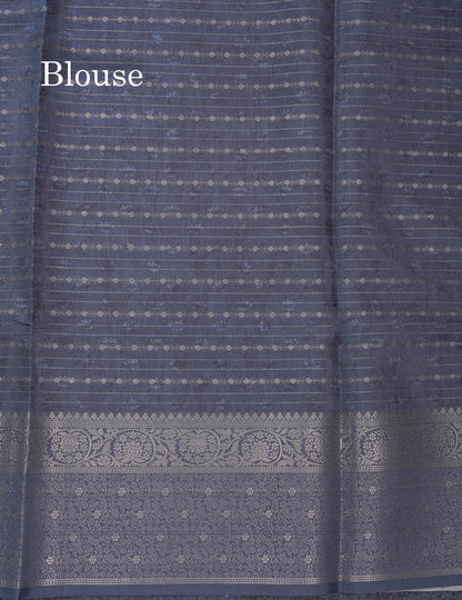 Light Grey Floral Kalamkari Printed Design Semi Tussar Saree With Contrast Elephant Grey Border