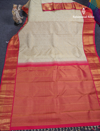 Half White Pure Kanjivaram Silk Saree 2G Zari With Contrast Pink Traditional Border