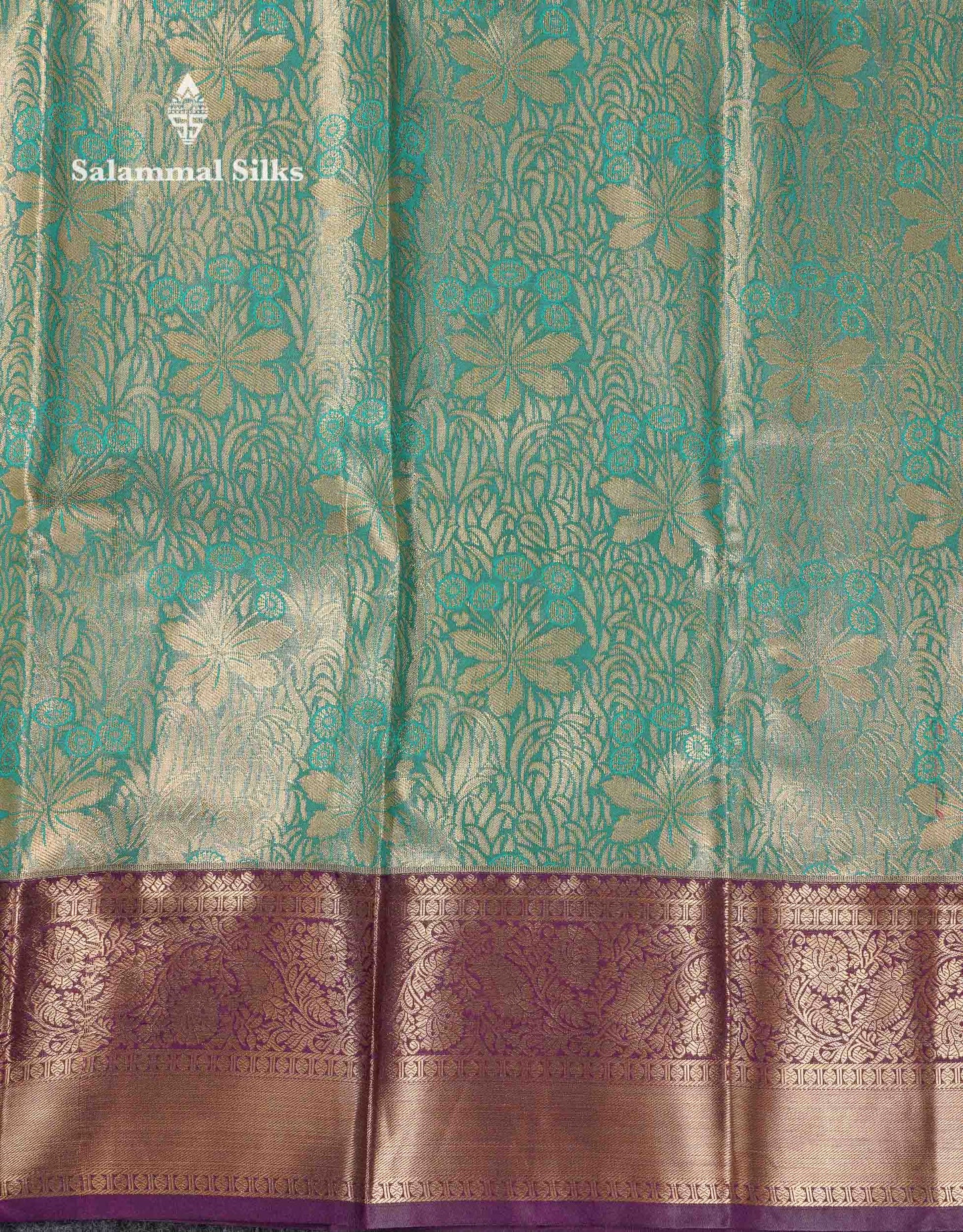 Beautiful Sea Green Tissue Bridal Semi Silk Saree With Contrast Dark Violet Traditional Border