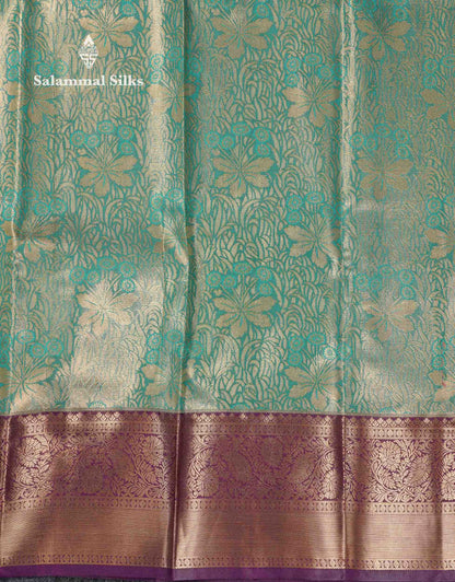Beautiful Sea Green Tissue Bridal Semi Silk Saree With Contrast Dark Violet Traditional Border