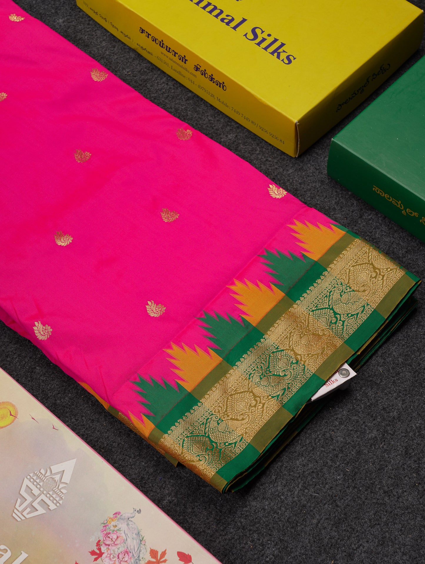 9 Yards Semi Silk Saree Orange With Contrast Green Traditional Temple Border