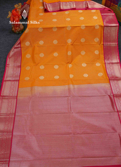 Beautiful Parrot Green Zari Lines With Butta Semi Silk Saree With Contrast Pink Traditional Border