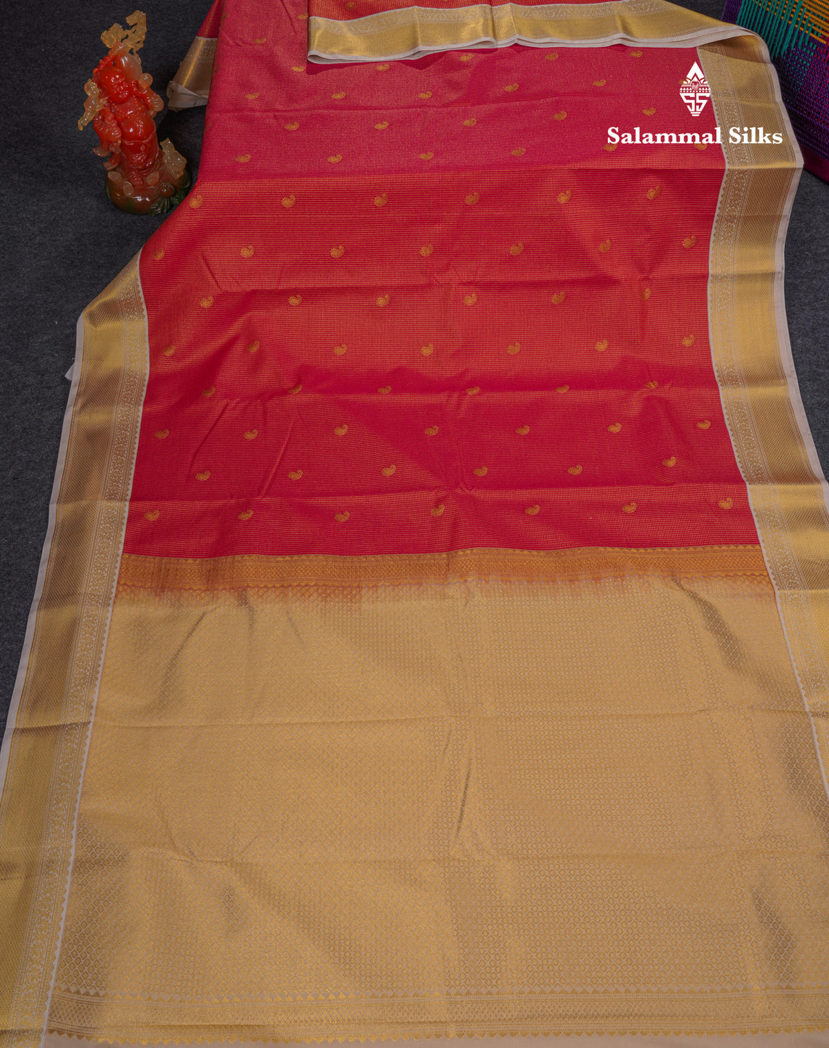 Beautiful Rani Pink Vaira Oosi Checks And Buttas Semi Silk Saree With Contrast Cream Sandal Traditional Border