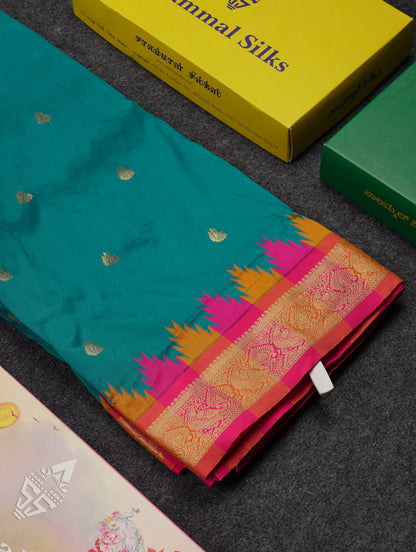 9 Yards Semi Silk Saree Orange With Contrast Green Traditional Temple Border