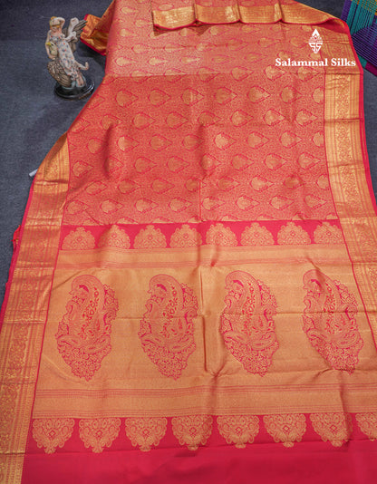 Reddish Pink Bridal Pure Kanjivaram Silk Saree With Traditional Border