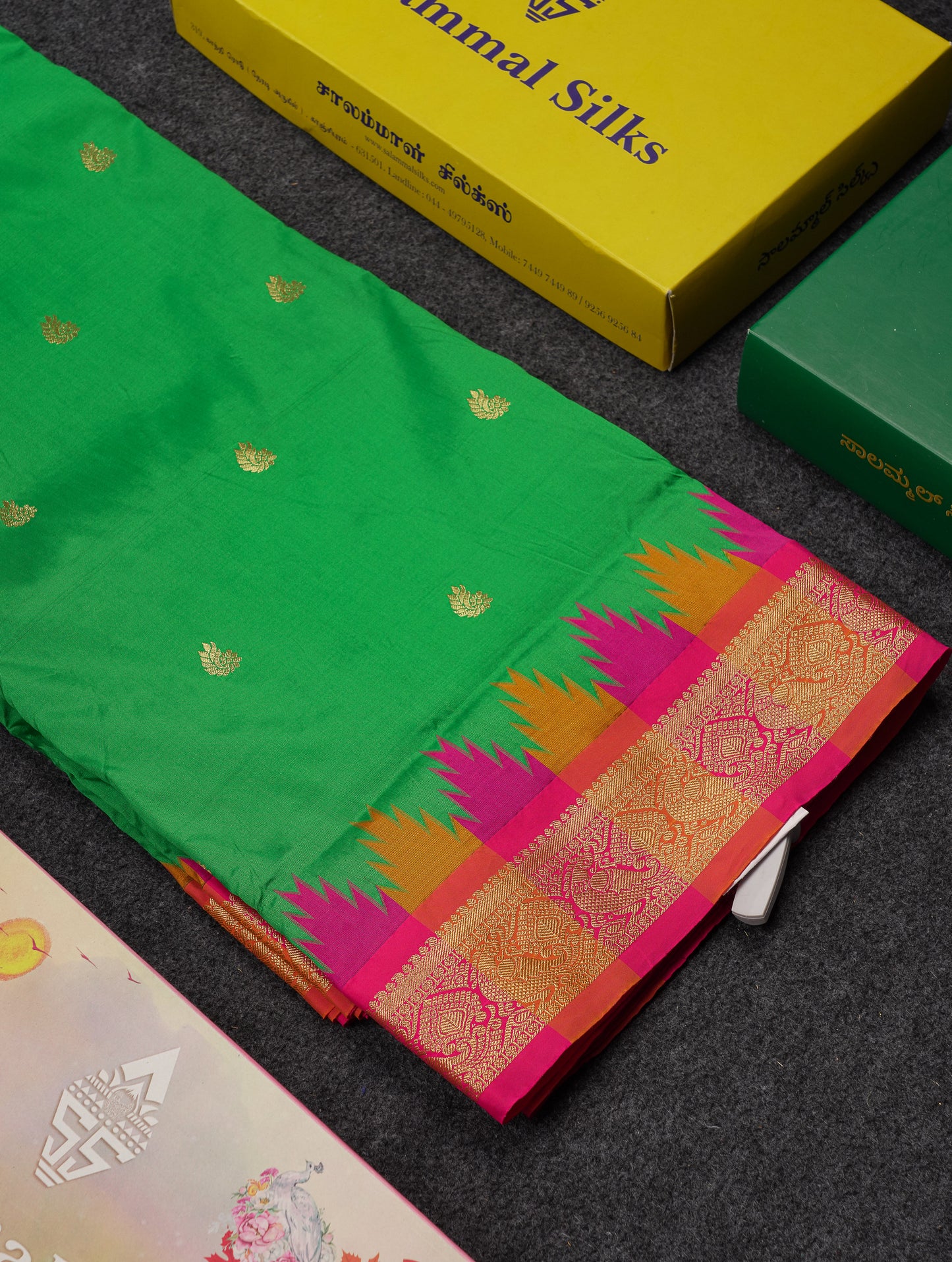 9 Yards Semi Silk Saree Orange With Contrast Green Traditional Temple Border