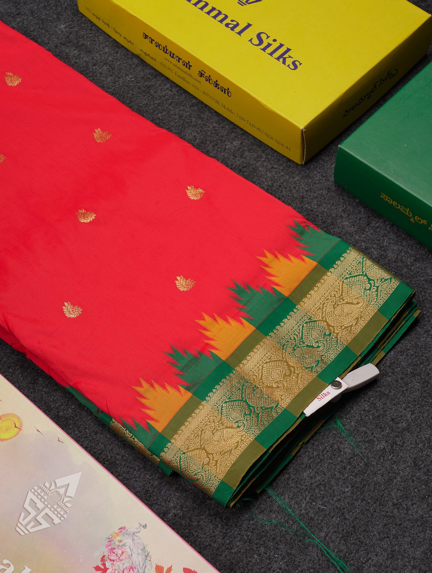 9 Yards Semi Silk Saree Orange With Contrast Green Traditional Temple Border