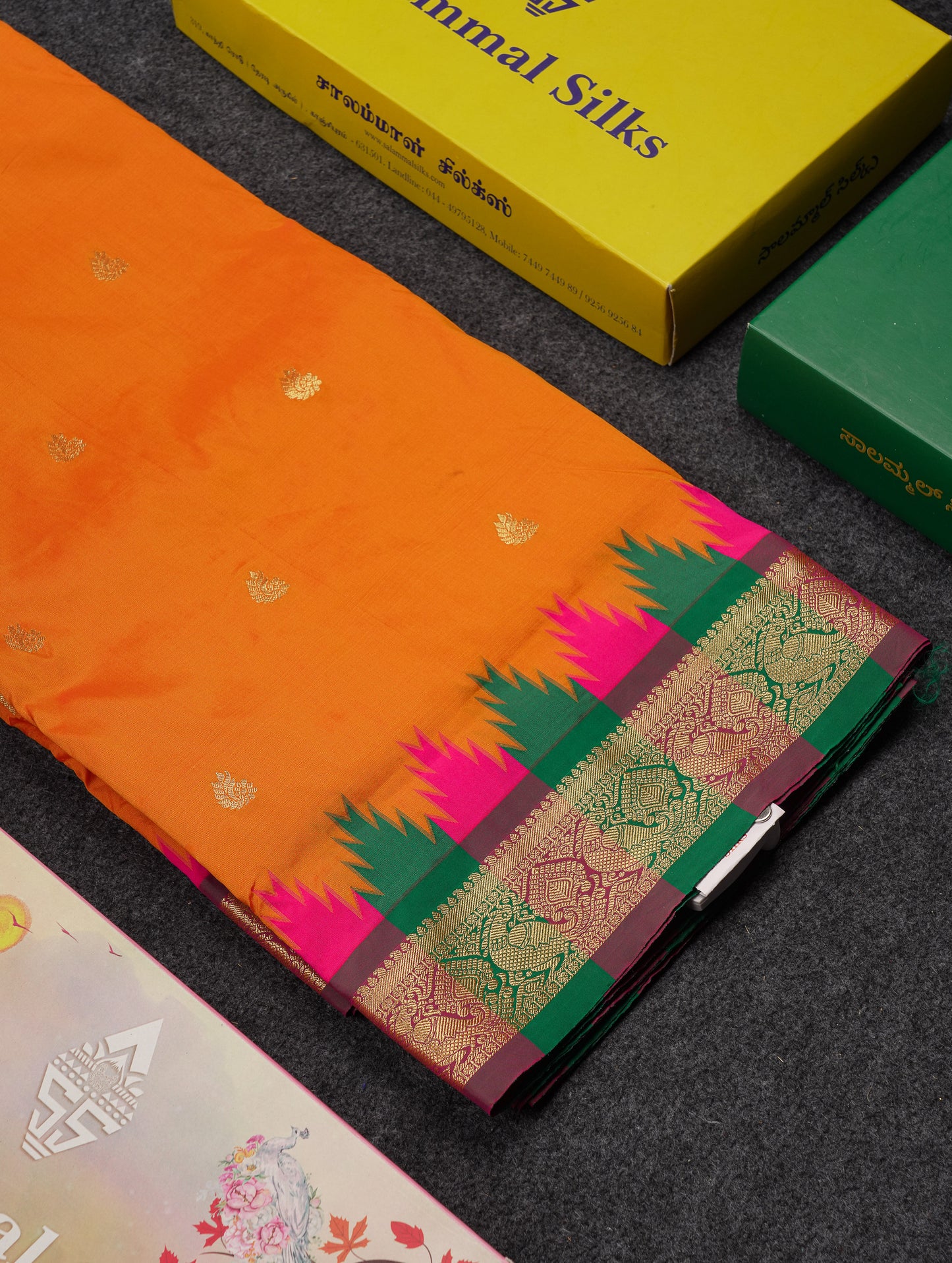 9 Yards Semi Silk Saree Orange With Contrast Green Traditional Temple Border