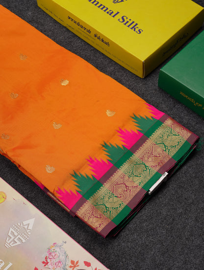 9 Yards Semi Silk Saree Orange With Contrast Green Traditional Temple Border
