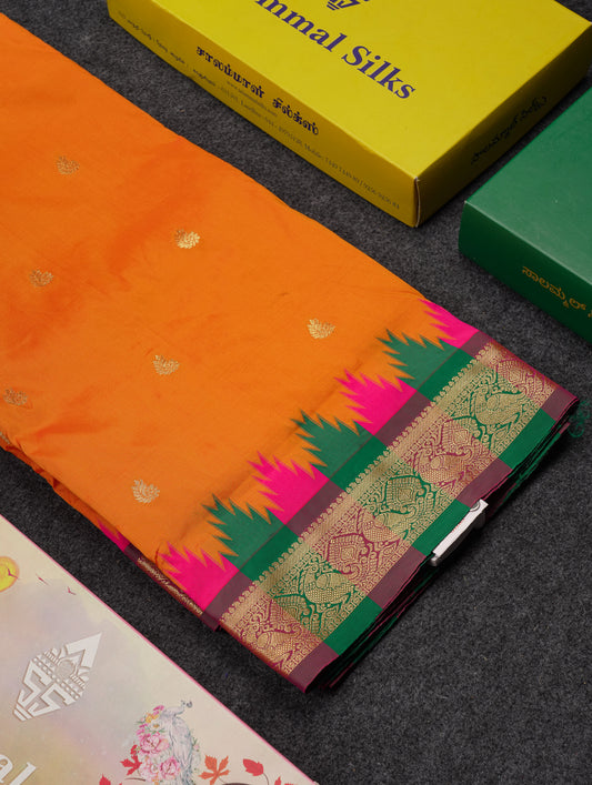9 Yards Semi Silk Saree Orange With Contrast Green Traditional Temple Border