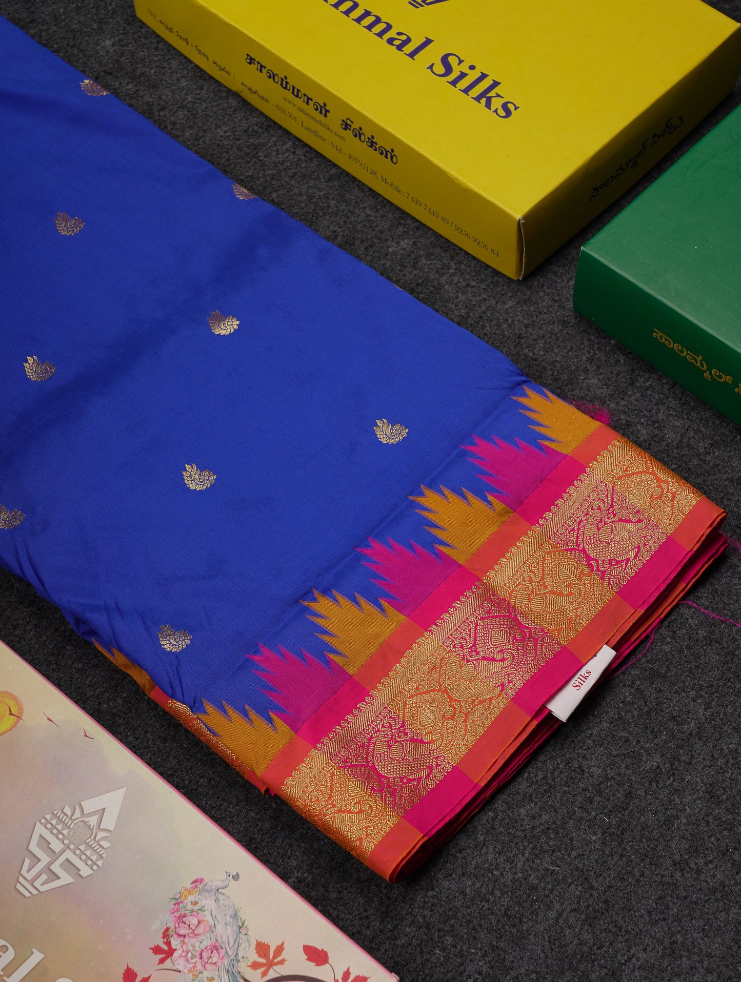 9 Yards Semi Silk Saree Orange With Contrast Green Traditional Temple Border