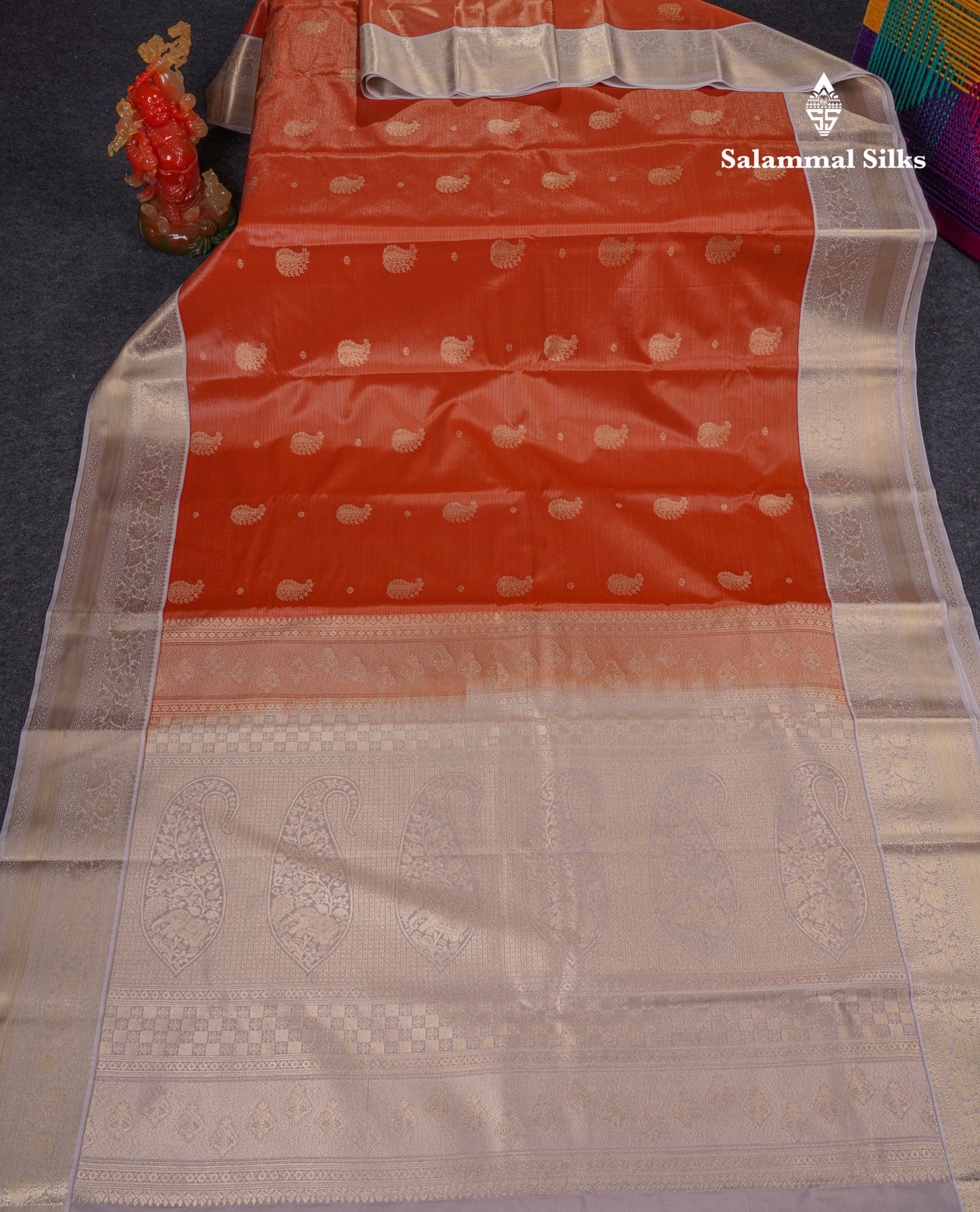 Beautiful Rust Orange Vaira Oosi With Butta Semi Silk Saree With Contrast Cream Sandal Traditional Border