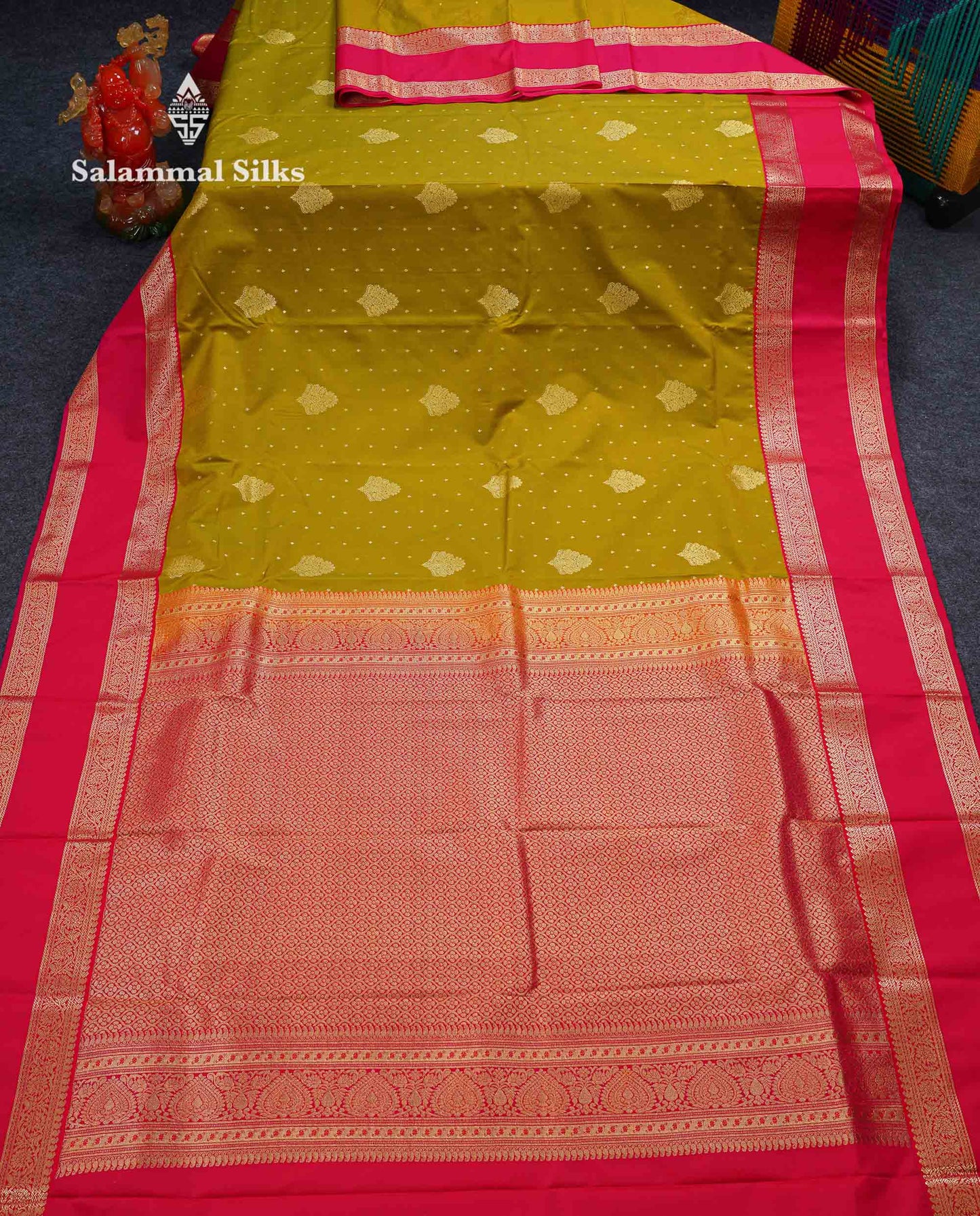 Beautiful Manthulir Yellow Zari Butta Semi Silk Saree With Contrast Redish Pink Traditional Rettapet Border