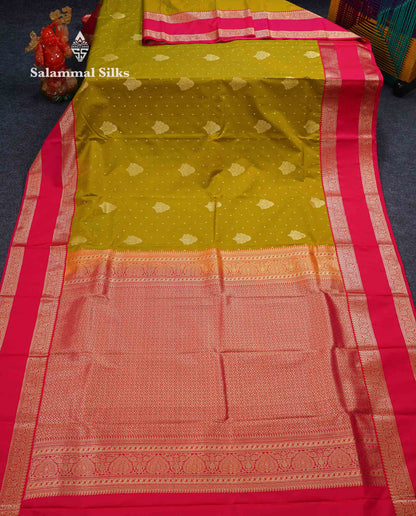 Beautiful Manthulir Yellow Zari Butta Semi Silk Saree With Contrast Redish Pink Traditional Rettapet Border
