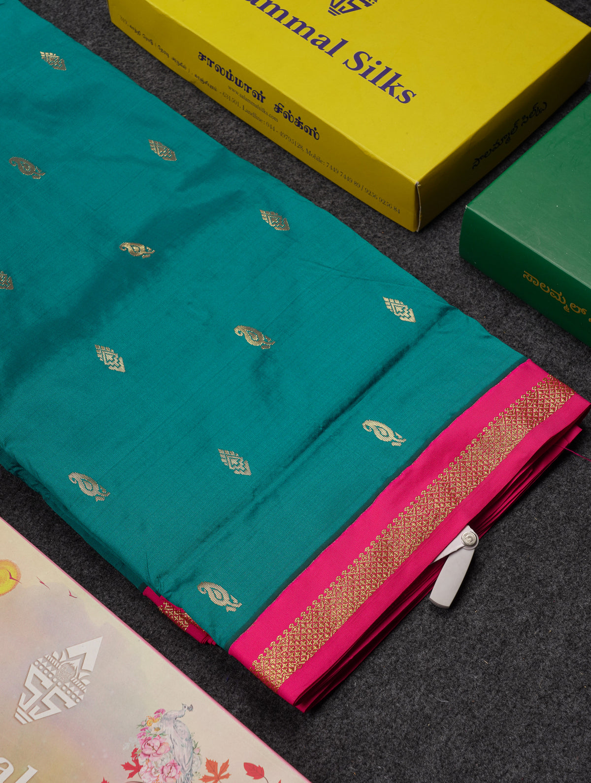 9 Yards Semi Silk Saree Peacock Green With Contrast Pink Traditional Small Border