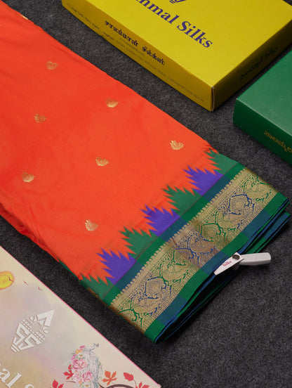 9 Yards Semi Silk Saree Orange With Contrast Green Traditional Temple Border