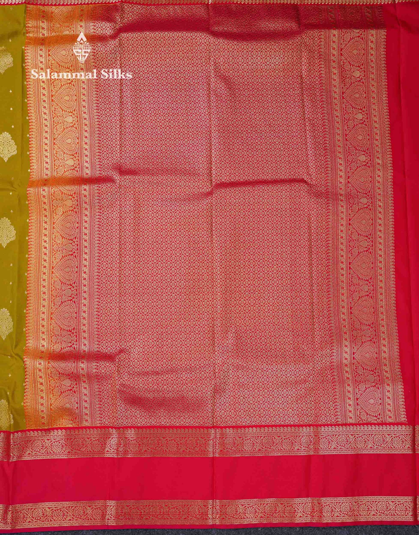Beautiful Manthulir Yellow Zari Butta Semi Silk Saree With Contrast Redish Pink Traditional Rettapet Border