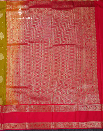 Beautiful Manthulir Yellow Zari Butta Semi Silk Saree With Contrast Redish Pink Traditional Rettapet Border