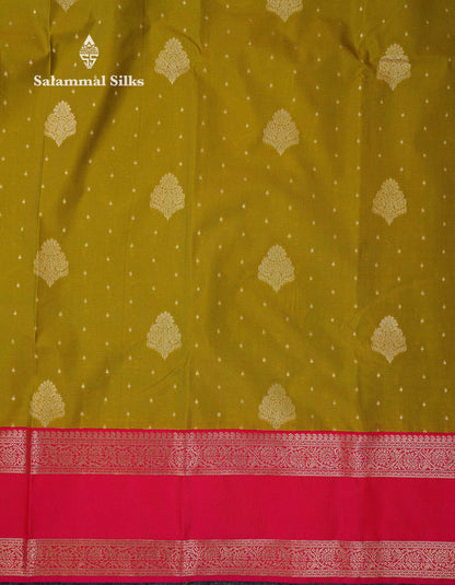 Beautiful Manthulir Yellow Zari Butta Semi Silk Saree With Contrast Redish Pink Traditional Rettapet Border