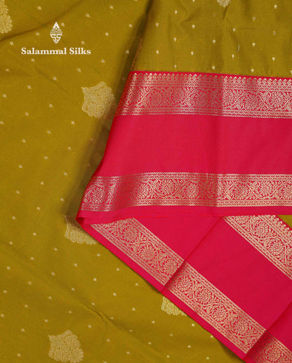 Beautiful Manthulir Yellow Zari Butta Semi Silk Saree With Contrast Redish Pink Traditional Rettapet Border