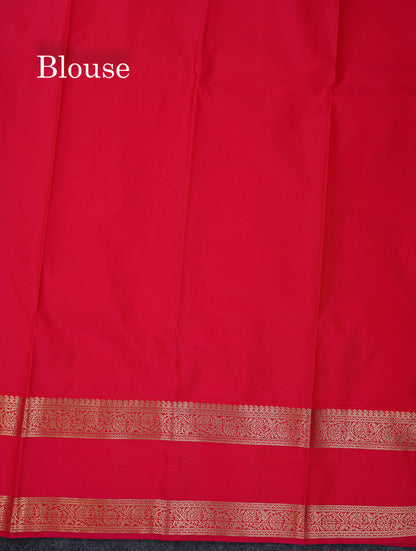 Beautiful Manthulir Yellow Zari Butta Semi Silk Saree With Contrast Redish Pink Traditional Rettapet Border