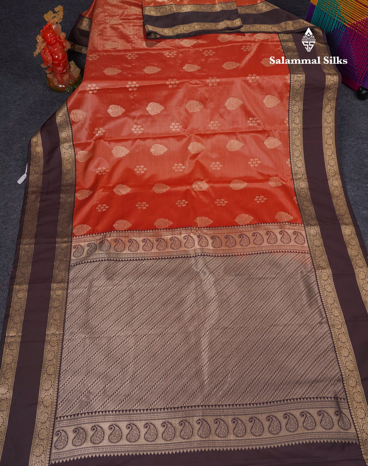 Beautiful Rust Orange Vaira Oosi With Butta Semi Silk Saree With Contrast Dark Brown Traditional Rettapet Border
