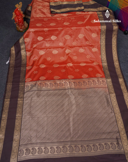 Beautiful Rust Orange Vaira Oosi With Butta Semi Silk Saree With Contrast Dark Brown Traditional Rettapet Border