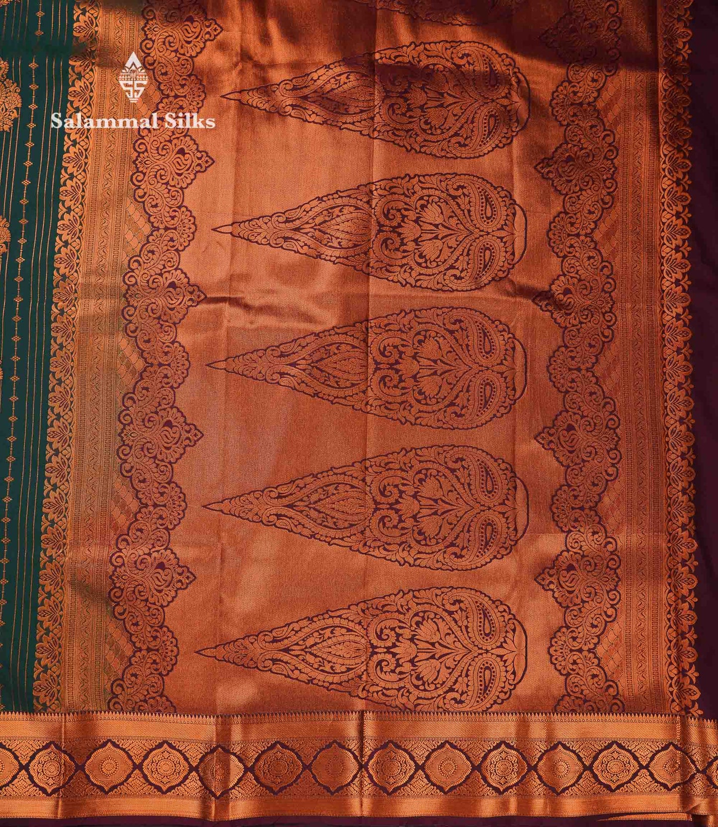 Beautiful Dark Maroon Zari Lines With Butta Semi Silk Saree With Contrast Bottle Green Traditional Border