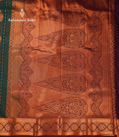 Beautiful Dark Maroon Zari Lines With Butta Semi Silk Saree With Contrast Bottle Green Traditional Border