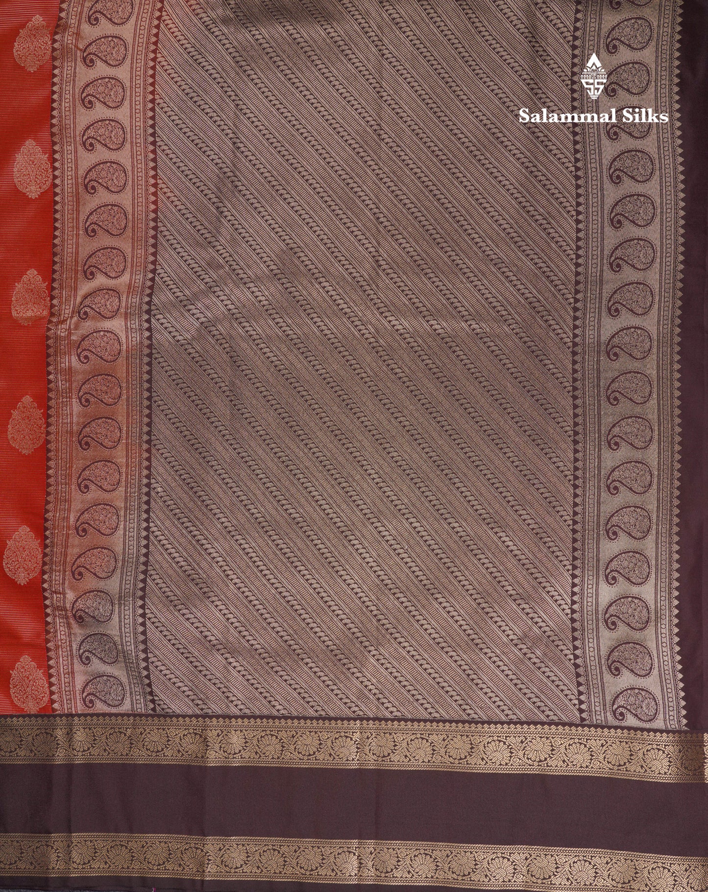 Beautiful Rust Orange Vaira Oosi With Butta Semi Silk Saree With Contrast Dark Brown Traditional Rettapet Border