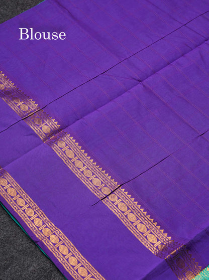 Beautiful Sapphire Green Checks With Butta Semi Silk Cotton Saree With Traditional Rettapet Border